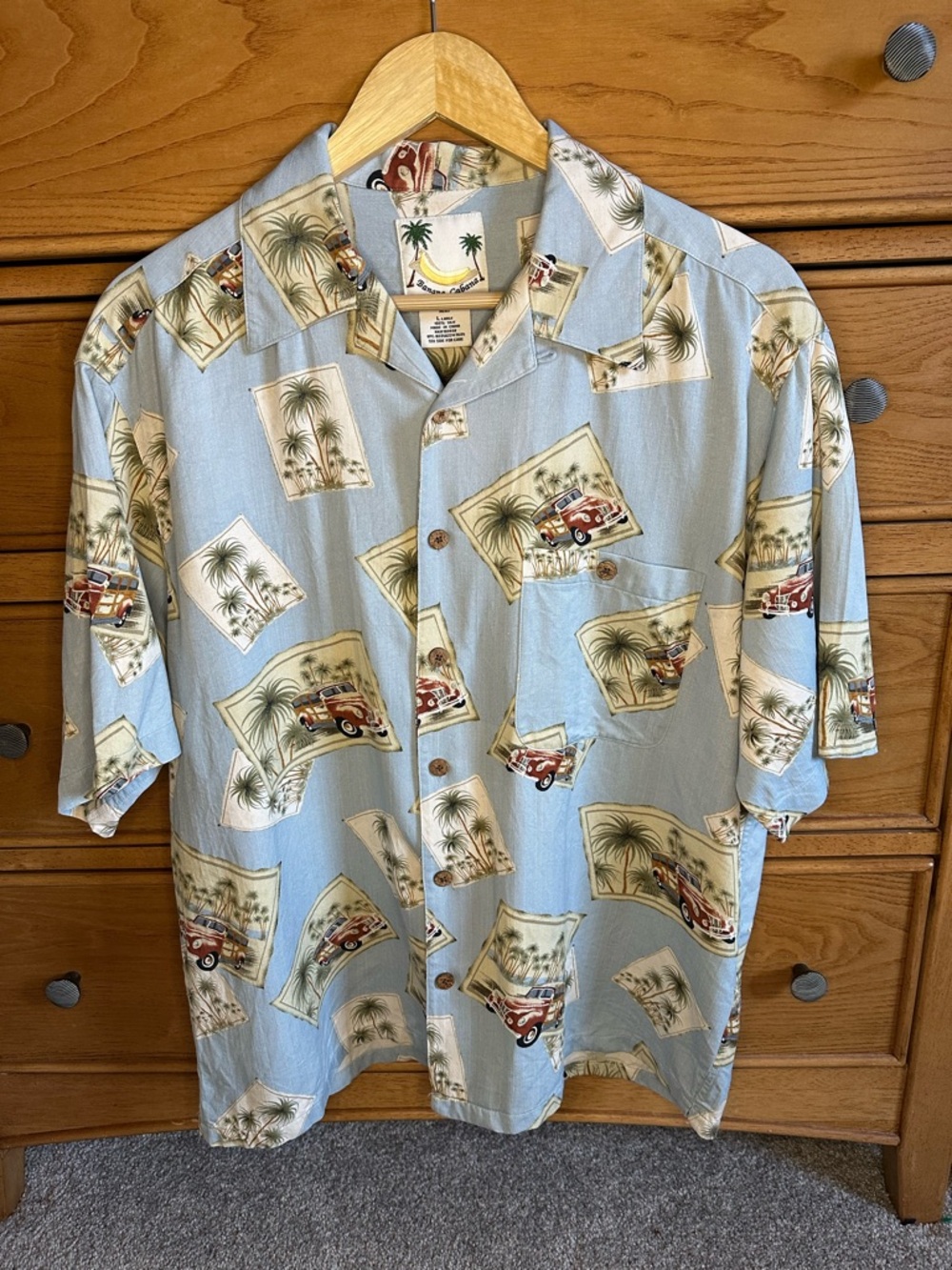 Banana Cabana Blue Hawaiian Shirt Palm Tree Vintage Red Truck 100% Silk Size L